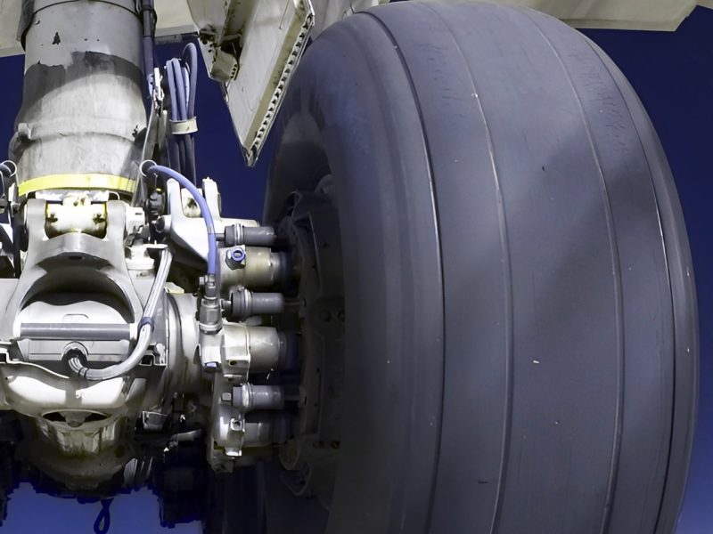 landing-17-min Close-up front view of DC-10 main landing gear on left and large tire on right